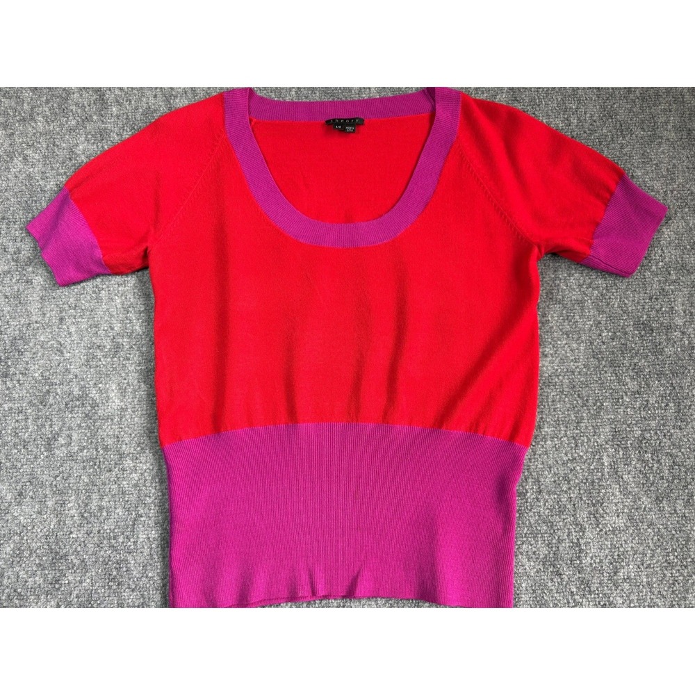 Theory Womens Red Purple Colorblock Scoop Neck Short Sleeve Knit Top Size L